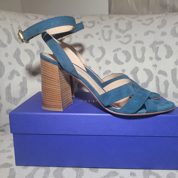 Gianvito Rossi Suede Crisscross Block Heel  Blue Teal Open Toe NEW - Picture 4 of 10